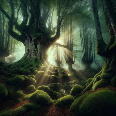 The primary subject of the image is a large tree with a gnarled trunk, surrounded by a forest of trees. The setting is a lush, green forest with a variety of trees, including some with moss growing on them. The visual style is a combination of photo and digital art, creating a surreal and enchanting atmosphere. The dominant colors are green, with the moss and trees, and the sunlight streaming through the forest, creating a warm and inviting mood.
